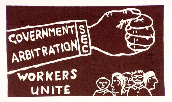 Artist: b'Wonderful Art Nuances Club (WANC).' | Title: bWorkers unite. (Poster supporting SEC maintenance workers' strike, La Trobe Valley, Victoria, 1977). | Date: (1977) | Technique: b'linocut, printed in red ink, from multiple blocks' Artist: b'Wonderful Art Nuances Club (WANC).' | Title: bWorkers unite. (Poster supporting SEC maintenance workers' strike, La Trobe Valley, Victoria, 1977). | Date: (1977) | Technique: b'linocut, printed in red ink, from multiple blocks'