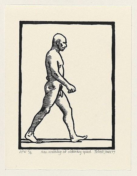 Artist: b'Jones, Robert.' | Title: b'Man walking at ordinary speed' | Date: 1999, 16 November | Technique: b'woodcut, printed in black ink, from 1 MDF block' Artist: b'Jones, Robert.' | Title: b'Man walking at ordinary speed' | Date: 1999, 16 November | Technique: b'woodcut, printed in black ink, from 1 MDF block'