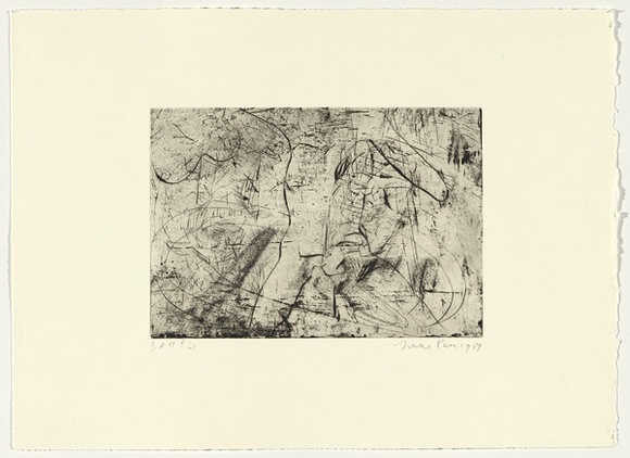 Artist: b'PARR, Mike' | Title: b'Gun into vanishing point 21' | Date: 1988-89 | Technique: b'drypoint and foul biting, printed in black ink, from one copper plate' Artist: b'PARR, Mike' | Title: b'Gun into vanishing point 21' | Date: 1988-89 | Technique: b'drypoint and foul biting, printed in black ink, from one copper plate'