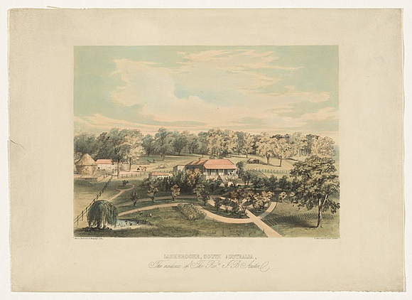 Artist: b'Austin, John Baptist.' | Title: b'Lashbrook, South Australia, Residence of Rev. J. B. Austin.' | Date: c.1848 | Technique: b'lithograph, printed in colour, from multiple stones; hand-coloured additions' Artist: b'Austin, John Baptist.' | Title: b'Lashbrook, South Australia, Residence of Rev. J. B. Austin.' | Date: c.1848 | Technique: b'lithograph, printed in colour, from multiple stones; hand-coloured additions'
