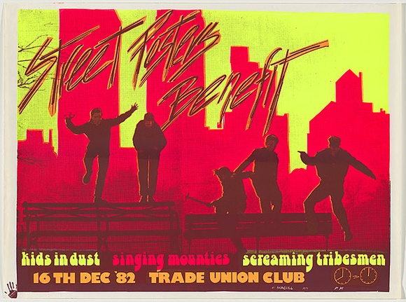 Artist: b'Stumbles, Yanni.' | Title: b'Street Poster Benefit' | Date: 1982 | Technique: b'screenprint, printed in colour, from multiple stencils'