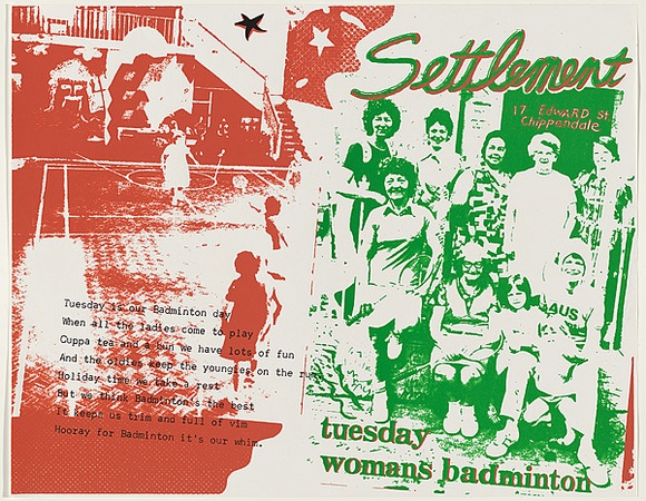 Artist: b'WORSTEAD, Paul' | Title: b'Settlement - Badminton poster and poem.' | Date: 1976 | Technique: b'screenprint, printed in colour, from two stencils,' | Copyright: b'This work appears on screen courtesy of the artist' Artist: b'WORSTEAD, Paul' | Title: b'Settlement - Badminton poster and poem.' | Date: 1976 | Technique: b'screenprint, printed in colour, from two stencils,' | Copyright: b'This work appears on screen courtesy of the artist'
