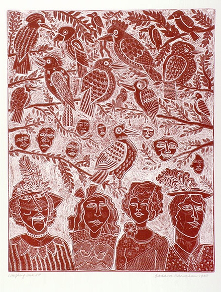 Artist: b'HANRAHAN, Barbara' | Title: b'Laughing Jack' | Date: 1983 | Technique: b'relief-etching, printed in red ink, from one plate' Artist: b'HANRAHAN, Barbara' | Title: b'Laughing Jack' | Date: 1983 | Technique: b'relief-etching, printed in red ink, from one plate'