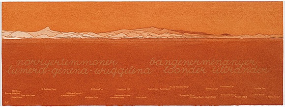 Artist: b'MADDOCK, Bea' | Title: b'Terra Spiritus...with a darker shade of pale' | Date: 1993-98 | Technique: b'stencil print, printed in hand-ground Launceston ochre from multiple hand-cut mylar stencils; letterpress text blind printed; hand-drawn script' Artist: b'MADDOCK, Bea' | Title: b'Terra Spiritus...with a darker shade of pale' | Date: 1993-98 | Technique: b'stencil print, printed in hand-ground Launceston ochre from multiple hand-cut mylar stencils; letterpress text blind printed; hand-drawn script'