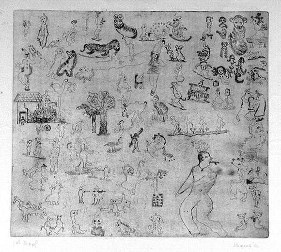Artist: b'Shearer, Mitzi.' | Title: b'Bulliwutzies I' | Date: 1980 | Technique: b'etching, printed in black ink, from one plate' Artist: b'Shearer, Mitzi.' | Title: b'Bulliwutzies I' | Date: 1980 | Technique: b'etching, printed in black ink, from one plate'