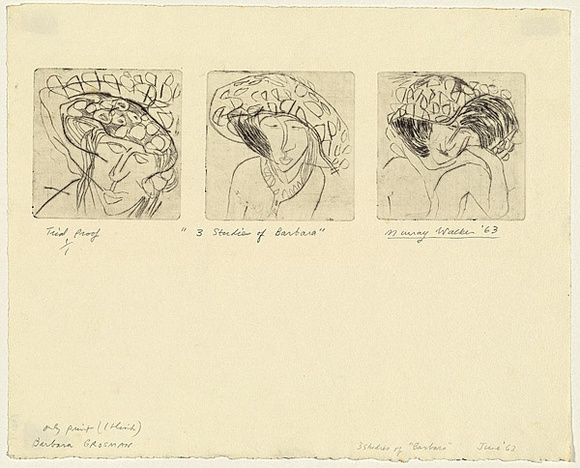 Artist: b'WALKER, Murray' | Title: b'Three studies of Barbara Grosman' | Date: 1963 | Technique: b'drypoint, printed in black ink, from three plates' Artist: b'WALKER, Murray' | Title: b'Three studies of Barbara Grosman' | Date: 1963 | Technique: b'drypoint, printed in black ink, from three plates'