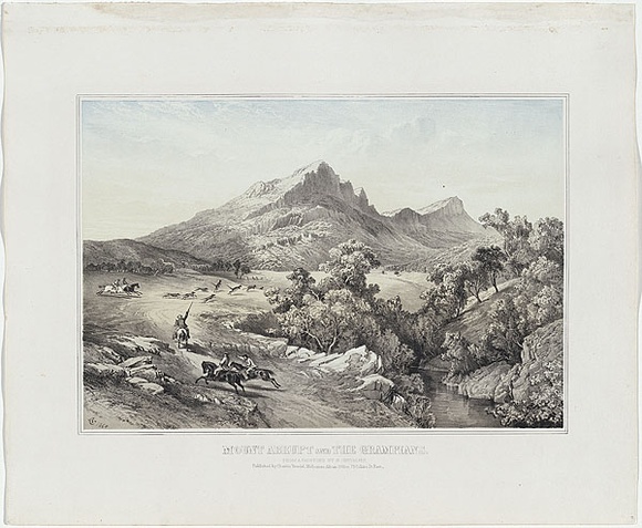 Artist: b'Chevalier, Nicholas.' | Title: b'Mount Abrupt and the Grampians.' | Date: 1863-64 | Technique: b'lithograph, printed in colour, from two stones' Artist: b'Chevalier, Nicholas.' | Title: b'Mount Abrupt and the Grampians.' | Date: 1863-64 | Technique: b'lithograph, printed in colour, from two stones'