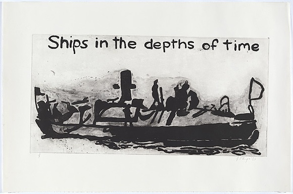 Artist: bL'Estrange, Sally. | Title: b'Ships in the depths of time.' | Date: 1983 | Technique: b'aquatint, printed in black ink, from one plate' Artist: bL'Estrange, Sally. | Title: b'Ships in the depths of time.' | Date: 1983 | Technique: b'aquatint, printed in black ink, from one plate'