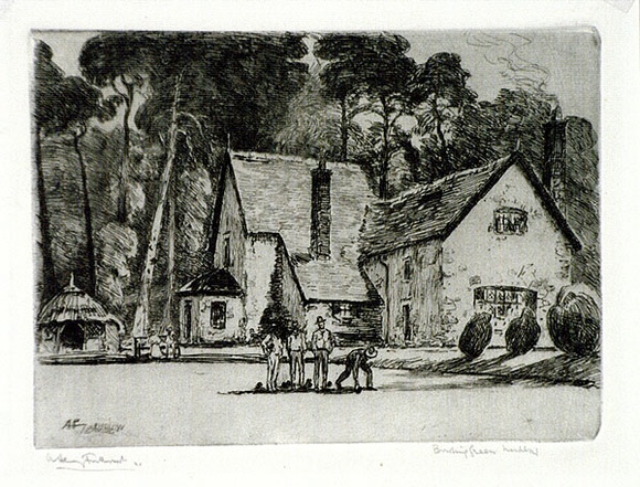 Artist: b'FULLWOOD, A.H.' | Title: b'Bowling Green, Ludlow.' | Date: 1925 | Technique: b'etching, printed in blue/black ink, from one plate' Artist: b'FULLWOOD, A.H.' | Title: b'Bowling Green, Ludlow.' | Date: 1925 | Technique: b'etching, printed in blue/black ink, from one plate'