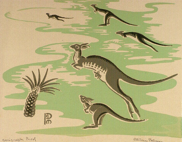 Artist: b'Palmer, Ethleen.' | Title: b'(Kangaroos and Black boy)' | Date: (1949) | Technique: b'screenprint, printed in colour, from multiple stencils' Artist: b'Palmer, Ethleen.' | Title: b'(Kangaroos and Black boy)' | Date: (1949) | Technique: b'screenprint, printed in colour, from multiple stencils'