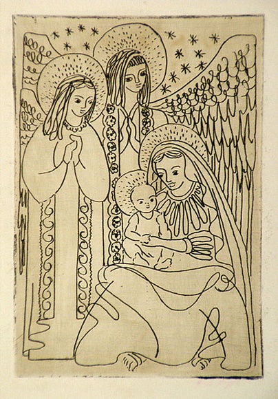 Artist: b'Higgs, Florence.' | Title: b'(The Holy family)' | Date: (1955) | Technique: b'etching, printed in brown ink with plate-tone, from one plate' Artist: b'Higgs, Florence.' | Title: b'(The Holy family)' | Date: (1955) | Technique: b'etching, printed in brown ink with plate-tone, from one plate'