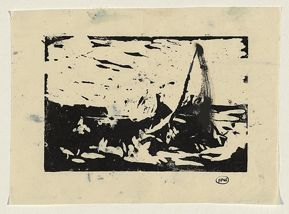 Artist: b'WILLIAMS, Fred' | Title: b'The yacht' | Date: c.1954 | Technique: b'linocut, printed in black ink, from one block; touched with pen and blue ink and black gouache' | Copyright: b'\xc2\xa9 Fred Williams Estate' Artist: b'WILLIAMS, Fred' | Title: b'The yacht' | Date: c.1954 | Technique: b'linocut, printed in black ink, from one block; touched with pen and blue ink and black gouache' | Copyright: b'\xc2\xa9 Fred Williams Estate'