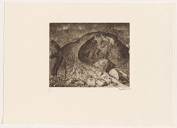 Artist: b'Rees, Lloyd.' | Title: b'The Great Rock' | Date: 1977 | Technique: b'softground-etching, printed in brown ink, from one plate' | Copyright: b'\xc2\xa9 Alan and Jancis Rees' Artist: b'Rees, Lloyd.' | Title: b'The Great Rock' | Date: 1977 | Technique: b'softground-etching, printed in brown ink, from one plate' | Copyright: b'\xc2\xa9 Alan and Jancis Rees'