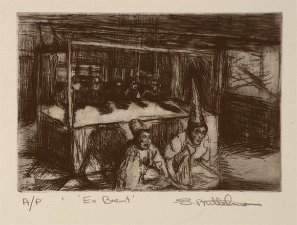 Artist: b'Wald, Susan.' | Title: b'Es Brent' | Date: 1993 | Technique: b'etching, printed in black ink, from one plate' Artist: b'Wald, Susan.' | Title: b'Es Brent' | Date: 1993 | Technique: b'etching, printed in black ink, from one plate'