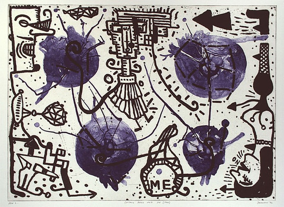 Artist: b'SANSOM, Gareth' | Title: b'Cosmic balls and me (1960)' | Date: 1994, January - March | Technique: b'aquatint and lithograph, printed in colour, from one plate, and one stone' Artist: b'SANSOM, Gareth' | Title: b'Cosmic balls and me (1960)' | Date: 1994, January - March | Technique: b'aquatint and lithograph, printed in colour, from one plate, and one stone'