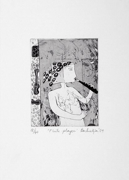 Artist: b'Kjar, Barbie.' | Title: b'Flute-player.' | Date: 1989 | Technique: b'etching and aquatint, printed in black ink, from one plate' Artist: b'Kjar, Barbie.' | Title: b'Flute-player.' | Date: 1989 | Technique: b'etching and aquatint, printed in black ink, from one plate'
