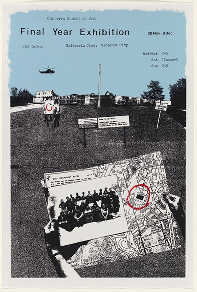 Artist: b'UNKNOWN' | Title: b'Canberra School of Art Final year exhibition: CSA Gallery, Baldessin Cresent, Canberra City.' | Date: 1985 | Technique: b'screenprint, printed in colour, from multiple stencils'