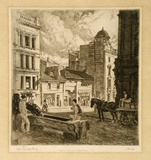 Artist: LINDSAY, Lionel | Title: Last of old Hunter Street, Sydney | Date: 1916 | Technique: etching, printed in brown ink, from one plate | Copyright: Courtesy of the National Library of Australia