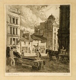 Artist: LINDSAY, Lionel | Title: Last of old Hunter Street, Sydney | Date: 1916 | Technique: etching, printed in black ink with plate-tone, from one plate | Copyright: Courtesy of the National Library of Australia