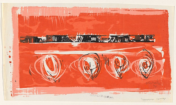Artist: b'Grey-Smith, Guy' | Title: b'Sandplain country' | Date: 1964 | Technique: b'screenprint, printed in colour, from three stencils' Artist: b'Grey-Smith, Guy' | Title: b'Sandplain country' | Date: 1964 | Technique: b'screenprint, printed in colour, from three stencils'