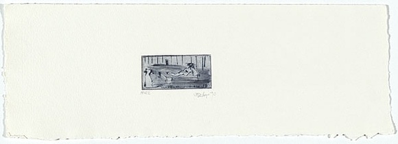 Artist: b'Palethorpe, Jan' | Title: b'not titled [tiny woman + cat]' | Date: 1990 | Technique: b'etching, printed in black/blue ink, from one plate'
