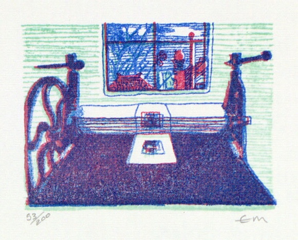Artist: b'Milsom, Elizabeth (Liz).' | Title: b'(Printing press)' | Date: 1987 | Technique: b'screenprint, printed in colour, from multiple stencils' Artist: b'Milsom, Elizabeth (Liz).' | Title: b'(Printing press)' | Date: 1987 | Technique: b'screenprint, printed in colour, from multiple stencils'