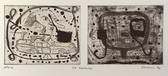 Artist: b'SANSOM, Gareth' | Title: b'La mordida' | Date: 1994, January - March | Technique: b'etching and aquatint, printed in black ink, from two plates' Artist: b'SANSOM, Gareth' | Title: b'La mordida' | Date: 1994, January - March | Technique: b'etching and aquatint, printed in black ink, from two plates'