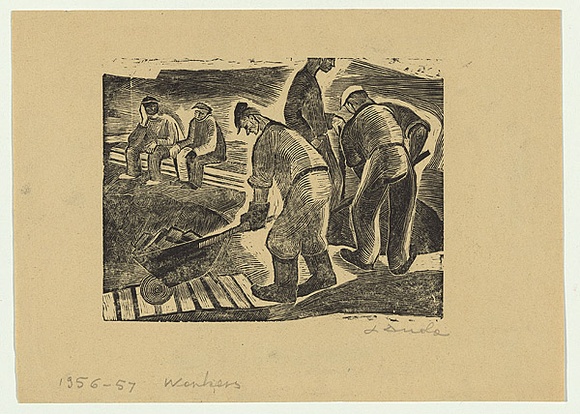 Artist: Groblicka, Lidia. | Title: Workers | Date: 1956-57 | Technique: woodcut, printed in black ink, from one block