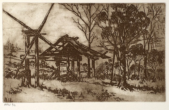 Artist: b'Stockfeld, R.H.' | Title: b'The old wool press' | Date: c.1935 | Technique: b'etching, printed in sepia ink, from one plate' Artist: b'Stockfeld, R.H.' | Title: b'The old wool press' | Date: c.1935 | Technique: b'etching, printed in sepia ink, from one plate'