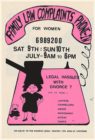 Artist: bWomen's Legal Council. | Title: b'Family Law Complaints' | Date: 1983 | Technique: b'screenprint, printed in colour, from two stencils' Artist: bWomen's Legal Council. | Title: b'Family Law Complaints' | Date: 1983 | Technique: b'screenprint, printed in colour, from two stencils'