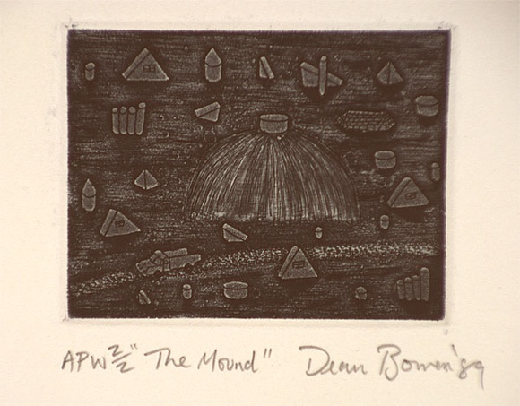Artist: b'Bowen, Dean.' | Title: b'The mound' | Date: 1989, November | Technique: b'etching and aquatint, printed in blue-black, from one plate' Artist: b'Bowen, Dean.' | Title: b'The mound' | Date: 1989, November | Technique: b'etching and aquatint, printed in blue-black, from one plate'
