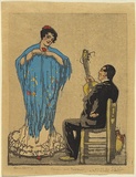 Artist: LINDSAY, Lionel | Title: Dancer and guitarist | Date: c.1917 | Technique: woodcut, printed in colour in the Japanese manner, from multiple blocks; with highlights in watercolour | Copyright: Courtesy of the National Library of Australia