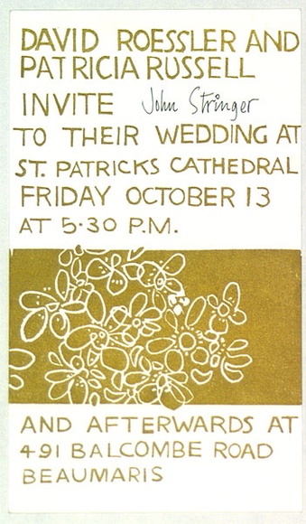 Artist: b'Stringer, John.' | Title: b'Invitation card to wedding of David Roessler and Patricia Russell.' | Date: c.1962 | Technique: b'linocut, printed in colour, from multiple blocks' Artist: b'Stringer, John.' | Title: b'Invitation card to wedding of David Roessler and Patricia Russell.' | Date: c.1962 | Technique: b'linocut, printed in colour, from multiple blocks'