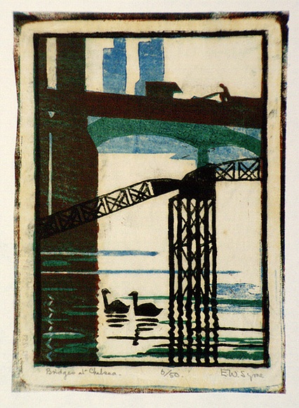 Artist: b'Syme, Eveline' | Title: b'Bridges at Chelsea' | Date: 1929 | Technique: b'linocut, printed in colour, from four blocks (light blue, viridian, reddish brown, black)' Artist: b'Syme, Eveline' | Title: b'Bridges at Chelsea' | Date: 1929 | Technique: b'linocut, printed in colour, from four blocks (light blue, viridian, reddish brown, black)'