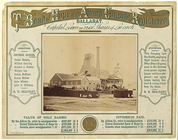 Title: b'The Band of Hope and Albion Consols, Registered, Ballarat.' | Date: 1872 | Technique: b'lithograph, printed in colour, from multiple stones; albumen silver photograph, and embossing' Title: b'The Band of Hope and Albion Consols, Registered, Ballarat.' | Date: 1872 | Technique: b'lithograph, printed in colour, from multiple stones; albumen silver photograph, and embossing'