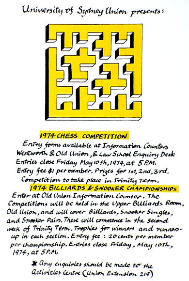 Artist: b'Bramley-Moore, Mostyn.' | Title: b'Chess, Billiards and Snooker Competition' | Date: 1974 | Technique: b'screenprint, printed in colour, from multiple stencils' Artist: b'Bramley-Moore, Mostyn.' | Title: b'Chess, Billiards and Snooker Competition' | Date: 1974 | Technique: b'screenprint, printed in colour, from multiple stencils'