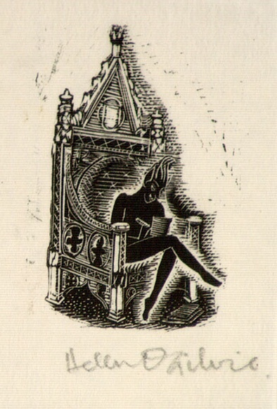 Artist: b'OGILVIE, Helen' | Title: b'(Satan-like male figure seated on throne)' | Date: (1953) | Technique: b'wood-engraving, printed in black ink, from one block' Artist: b'OGILVIE, Helen' | Title: b'(Satan-like male figure seated on throne)' | Date: (1953) | Technique: b'wood-engraving, printed in black ink, from one block'