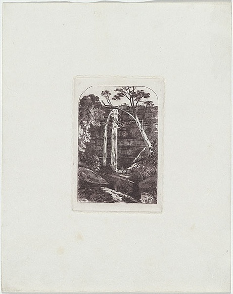 Artist: b'Terry, F.C.' | Title: b'(A waterfall).' | Date: c.1860 | Technique: b'etching, printed in purple/black ink, from one plate' Artist: b'Terry, F.C.' | Title: b'(A waterfall).' | Date: c.1860 | Technique: b'etching, printed in purple/black ink, from one plate'