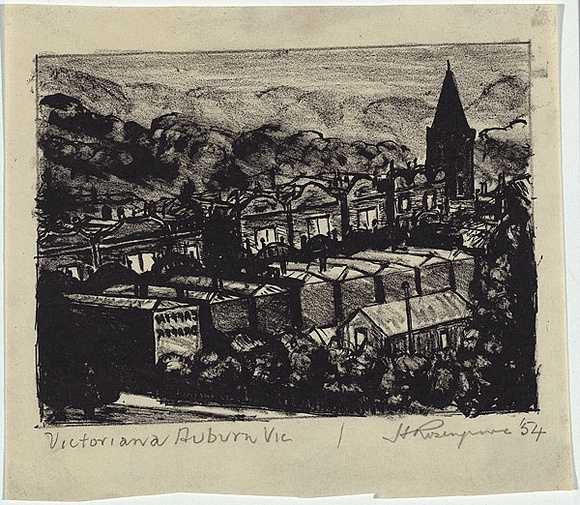 Artist: b'ROSENGRAVE, Harry' | Title: b'Victoriana, Auburn Vic.' | Date: 1954 | Technique: b'lithograph, printed in black ink, from one zinc plate' Artist: b'ROSENGRAVE, Harry' | Title: b'Victoriana, Auburn Vic.' | Date: 1954 | Technique: b'lithograph, printed in black ink, from one zinc plate'
