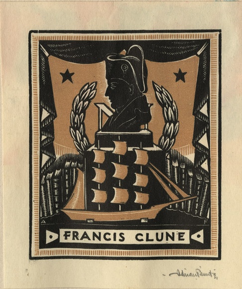 Artist: b'FEINT, Adrian' | Title: b'Bookplate: Francis Clune.' | Date: (1931) | Technique: b'wood-engraving, printed in colour, from two blocks in black and tan inks' | Copyright: b'Courtesy the Estate of Adrian Feint' Artist: b'FEINT, Adrian' | Title: b'Bookplate: Francis Clune.' | Date: (1931) | Technique: b'wood-engraving, printed in colour, from two blocks in black and tan inks' | Copyright: b'Courtesy the Estate of Adrian Feint'