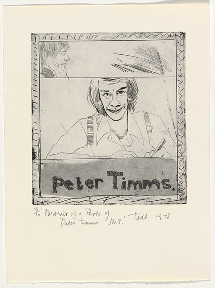 Artist: b'Todd, Geoff.' | Title: b'Portrait of a photo of Peter Timms number 8' | Date: 1978 | Technique: b'etching, drypoint and aquatint, printed in black ink, from one plate' | Copyright: b'This work appears on screen courtesy of the artist and copyright holder' Artist: b'Todd, Geoff.' | Title: b'Portrait of a photo of Peter Timms number 8' | Date: 1978 | Technique: b'etching, drypoint and aquatint, printed in black ink, from one plate' | Copyright: b'This work appears on screen courtesy of the artist and copyright holder'
