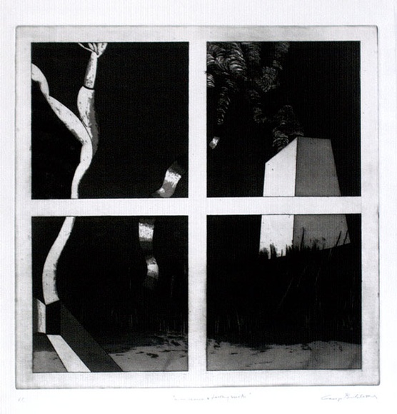 Artist: b'BALDESSIN, George' | Title: b'Window and factory smoke.' | Date: 1967 | Technique: b'etching and aquatint, printed in black ink, from one plate' Artist: b'BALDESSIN, George' | Title: b'Window and factory smoke.' | Date: 1967 | Technique: b'etching and aquatint, printed in black ink, from one plate'