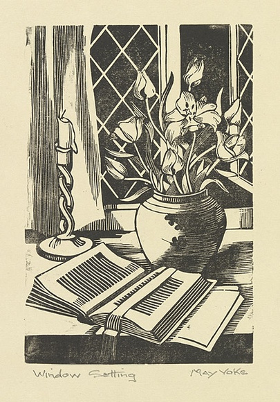 Artist: b'Voke, May.' | Title: b'Window setting' | Date: 1935 | Technique: b'wood-engraving, printed in black ink, from one block' Artist: b'Voke, May.' | Title: b'Window setting' | Date: 1935 | Technique: b'wood-engraving, printed in black ink, from one block'