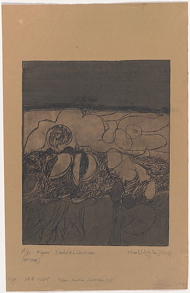 Artist: b'Hodgkinson, Frank.' | Title: b'Figure, Banksia in landscape' | Date: 1971 | Technique: b'hard ground aquatint, oil viscosity' Artist: b'Hodgkinson, Frank.' | Title: b'Figure, Banksia in landscape' | Date: 1971 | Technique: b'hard ground aquatint, oil viscosity'