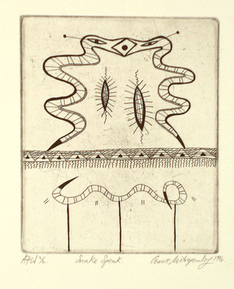 Artist: b'MITROPOULOS, Connie' | Title: b'Snake speak' | Date: 1996, July/August | Technique: b'etching, printed in black ink, from one plate' Artist: b'MITROPOULOS, Connie' | Title: b'Snake speak' | Date: 1996, July/August | Technique: b'etching, printed in black ink, from one plate'