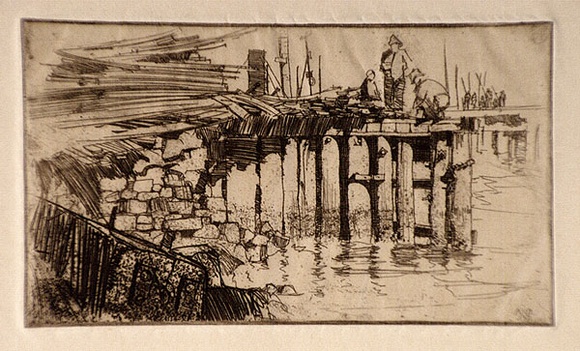 Artist: b'Baldwinson, Arthur.' | Title: b'(Wharf with timber and workmen).' | Date: 1931 | Technique: b'etching and aquatint, printed in dark brown ink with plate-tone, from one zinc plate' Artist: b'Baldwinson, Arthur.' | Title: b'(Wharf with timber and workmen).' | Date: 1931 | Technique: b'etching and aquatint, printed in dark brown ink with plate-tone, from one zinc plate'