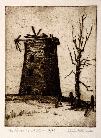 Artist: b'McDonald, Sheila.' | Title: b'The windmill, Mount Gilead' | Date: c.1935 | Technique: b'etching, printed in brown ink with plate-tone, from one plate' Artist: b'McDonald, Sheila.' | Title: b'The windmill, Mount Gilead' | Date: c.1935 | Technique: b'etching, printed in brown ink with plate-tone, from one plate'