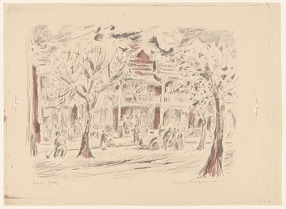 Artist: b'MACQUEEN, Mary' | Title: b'Terrace in Napier Street' | Date: c.1957 | Technique: b'lithograph, printed in colour, from two plates in grey and red ink' | Copyright: b'Courtesy Paulette Calhoun, for the estate of Mary Macqueen' Artist: b'MACQUEEN, Mary' | Title: b'Terrace in Napier Street' | Date: c.1957 | Technique: b'lithograph, printed in colour, from two plates in grey and red ink' | Copyright: b'Courtesy Paulette Calhoun, for the estate of Mary Macqueen'
