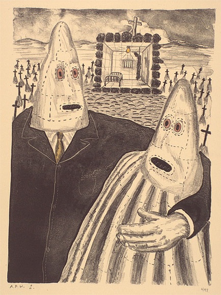 Artist: b'Hay, Bill.' | Title: b'Black Deaths' | Date: 1989, June - August | Technique: b'lithograph, printed in black ink, from one stone; hand-coloured' Artist: b'Hay, Bill.' | Title: b'Black Deaths' | Date: 1989, June - August | Technique: b'lithograph, printed in black ink, from one stone; hand-coloured'