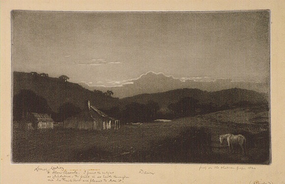 Artist: b'LINDSAY, Lionel' | Title: b'Dawn' | Date: 1923 | Technique: b'aquatint and burnishing, printed in brown ink with wiped highlights, from one plate' | Copyright: b'Courtesy of the National Library of Australia' Artist: b'LINDSAY, Lionel' | Title: b'Dawn' | Date: 1923 | Technique: b'aquatint and burnishing, printed in brown ink with wiped highlights, from one plate' | Copyright: b'Courtesy of the National Library of Australia'